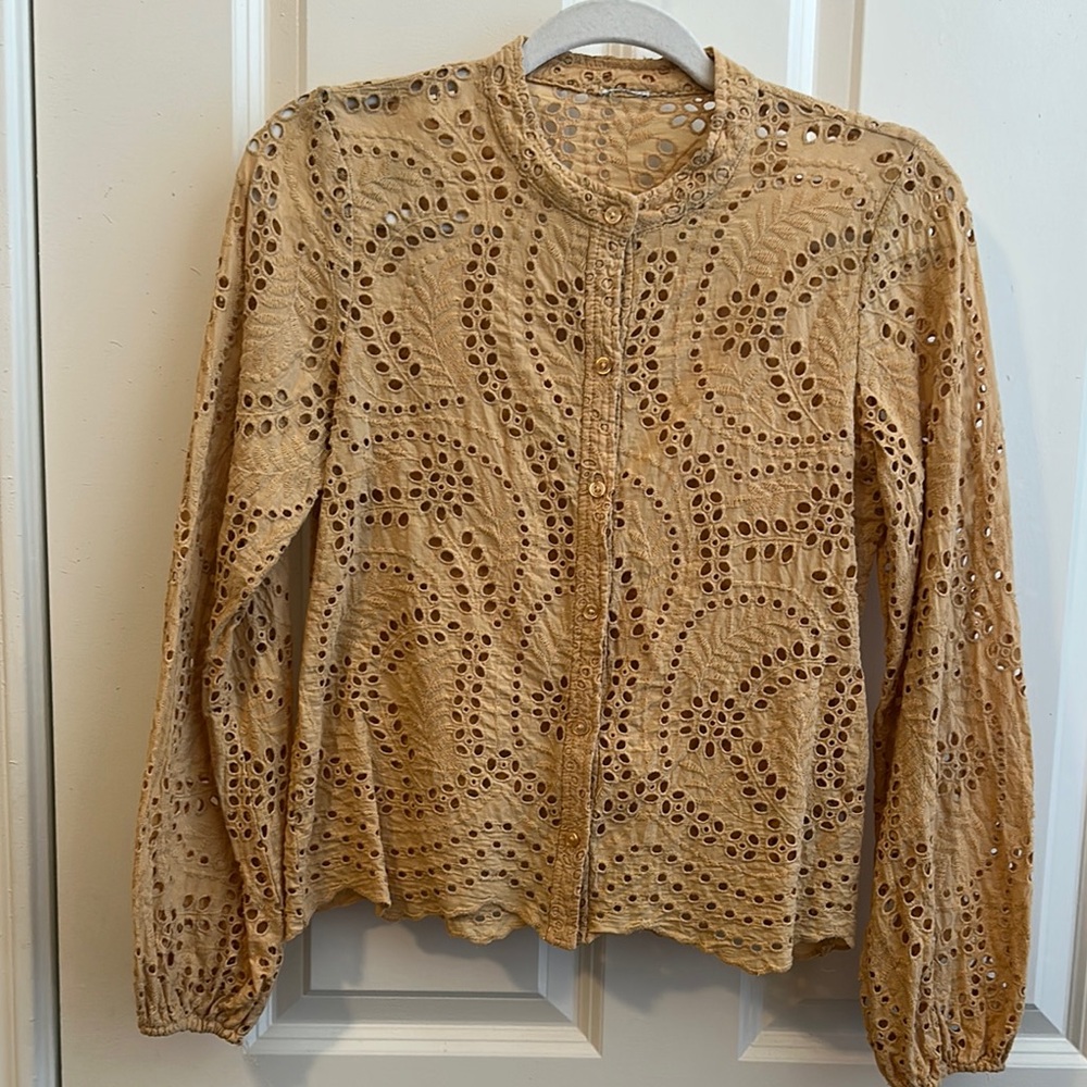 Tan Eyelet Button-Up Blouse